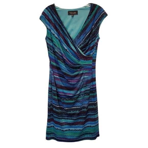 Black Label by Evan Picone Stretch Tummy Rouching Faux Wrap Dress Women's 6 - Picture 1 of 7